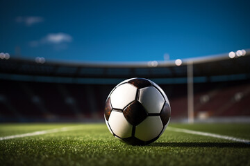 Fototapeta na wymiar Soccer ball on the green grass and goal net in football stadium