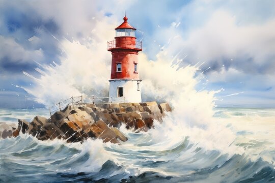 In this watercolor painting, a red and white lighthouse stands out against a blue sky and crashing seas.