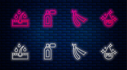 Set line Aftershave with atomizer, Straight razor, Oil for hair care treatment and . Glowing neon icon on brick wall. Vector