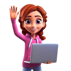 3D Render of Girl Greeting with Laptop in Hand, Friendly Gesture and Technology, Girl student 3d render, generative ai