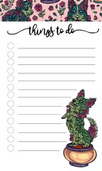 Fototapeta na wymiar sheet to do list, green tree bushes with red roses in the form of cute corgis. seamless pattern with shape of domestic dogs rose bushes.