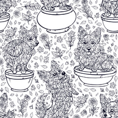 Agricultural work contours coloring book. rose bushes in the shape of cute corgi, seamless pattern with bushes in the shape of pet dogs.
