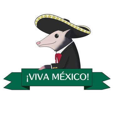 Tlacuache simp&aacute;tico con traje de mariachi. Celebrando a M&eacute;xico. Ilustraci&oacute;n digital. 