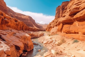 A landscape panorama of the dry canyon. The desert with red rock canyons. In the desert, there is a canyon. Red Rock Canyons desert