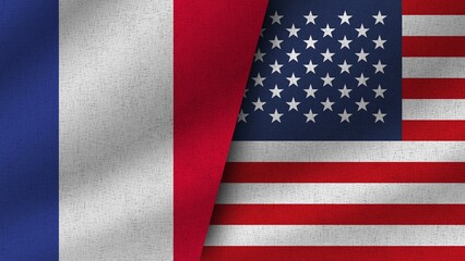 USA and France Realistic Two Flags Together, 3D Illustration