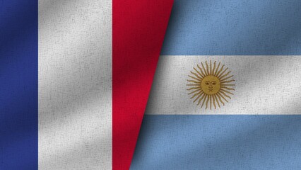 Argentina and France Realistic Two Flags Together, 3D Illustration