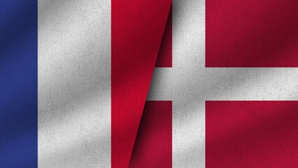 Denmark and France Realistic Two Flags Together, 3D Illustration