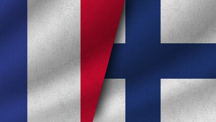 Finland and France Realistic Two Flags Together, 3D Illustration