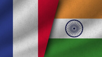 India and France Realistic Two Flags Together, 3D Illustration