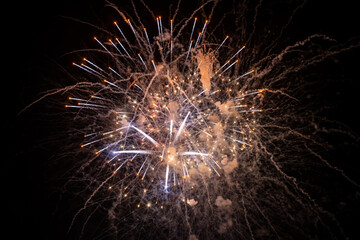Beautiful colorful fireworks at night. Selective focus. 