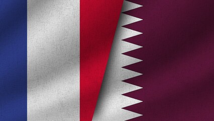 Qatar and France Realistic Two Flags Together, 3D Illustration