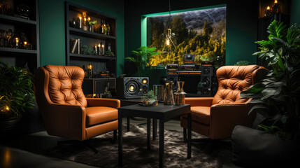 Studio interior for podcast and interview with two chairs