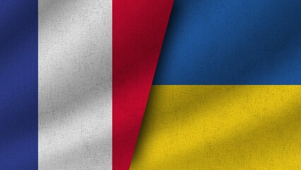 Ukraine and France Realistic Two Flags Together, 3D Illustration