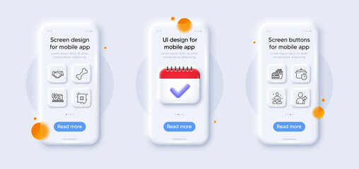 Dog bone, Refer friend and Medical help line icons pack. 3d phone mockups with calendar. Glass smartphone screen. Boiling pan, Reject, Employees handshake web icon. Yoga, Burger pictogram. Vector