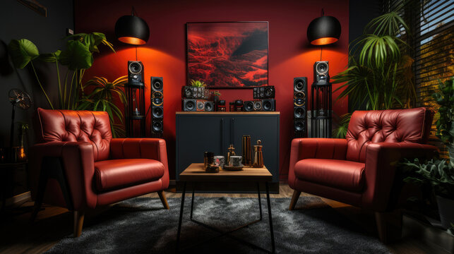 Studio interior for podcast and interview with two chairs