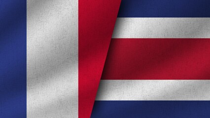 Costa Rica and France Realistic Two Flags Together, 3D Illustration