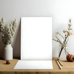 White card, blank sheet on wooden table surrounded by flowers and utensils - obrazy, fototapety, plakaty