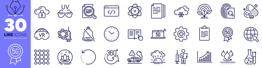 5g notebook, 5g technology and Incubator line icons pack. Mute, Chemistry lab, Sunset web icon. Seo script, 360 degrees, Clipboard pictogram. Inspect, Vaccination announcement, Internet. Vector