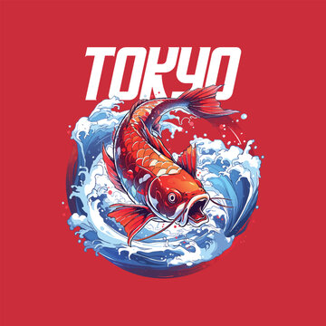 Koi Fish T Shirt Print Design Wave Japanese Style