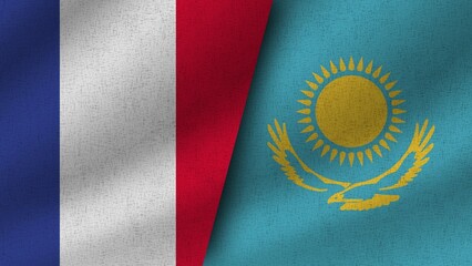 Kazakhstan and France Realistic Two Flags Together, 3D Illustration