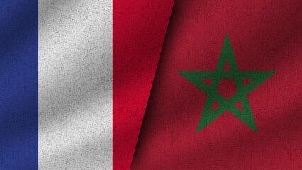 Morocco and France Realistic Two Flags Together, 3D Illustration