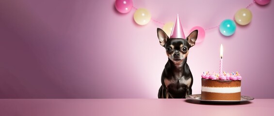 Chihuahua dog wearing a birthday hat waiting on a cake, canine  dog happy birthday, generative ai