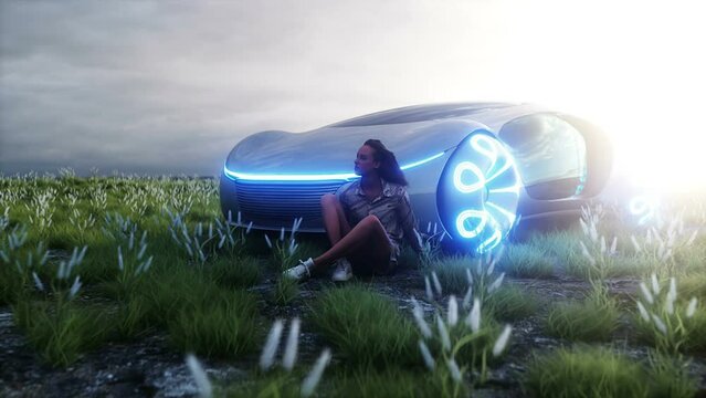 3d girl and futuristic electric car on walley. Future concept. Realistic 4k animation.