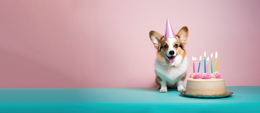 Cardigan Welsh Corgi dog wearing a birthday hat waiting on a cake, canine  dog happy birthday, generative ai