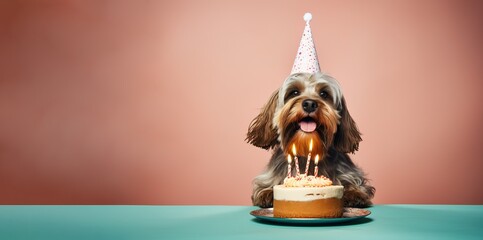 Pettit basset griffon vendéen dog wearing a birthday hat waiting on a cake, canine  dog happy birthday, generative ai