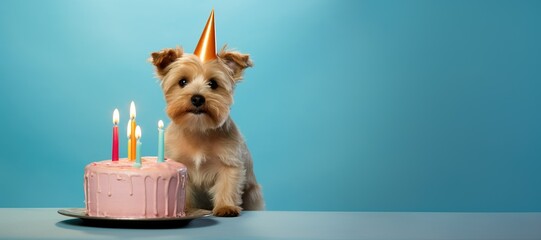 Norfolk Terrier dog wearing a birthday hat waiting on a cake, canine  dog happy birthday, generative ai