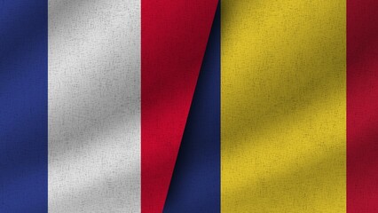 Obraz premium Romania and France Realistic Two Flags Together, 3D Illustration