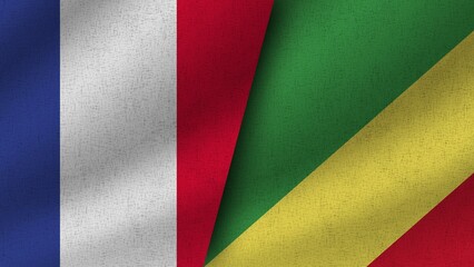 Republic of Congo and France Realistic Two Flags Together, 3D Illustration