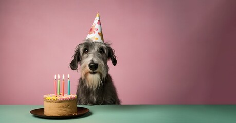 Scottish Deerhound dog wearing a birthday hat waiting on a cake, canine  dog happy birthday, generative ai