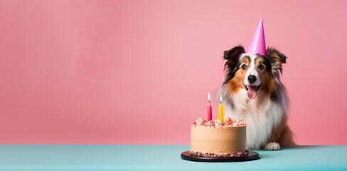 Fototapeta na wymiar Shetland Sheepdog dog wearing a birthday hat waiting on a cake, canine dog happy birthday, generative ai