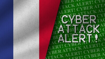 Cyber Attack Alert and France Realistic Two Flags Together, 3D Illustration