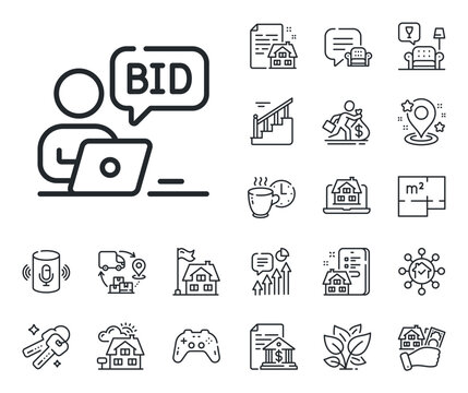 Bid offer sign. Floor plan, stairs and lounge room outline icons. Online auction line icon. Raise the price up symbol. Online auction line sign. House mortgage, sell building icon. Real estate. Vector