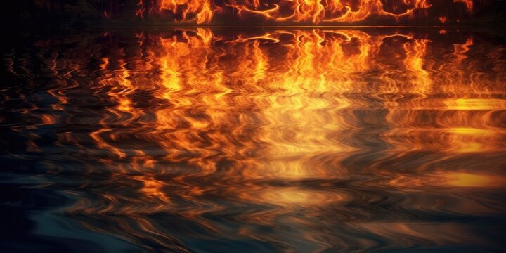 Fire flames reflected on a lake of water