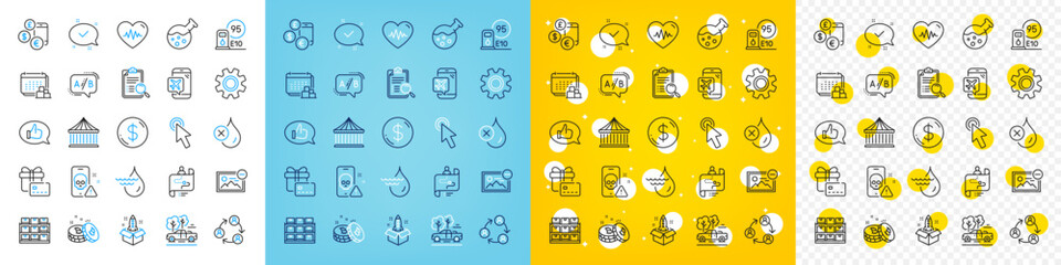 Vector icons set of Carousels, Currency rate and Heartbeat line icons pack for web with Chemistry lab, Journey path, Bitcoin outline icon. Startup, Search analysis, Gift card pictogram. Vector © blankstock