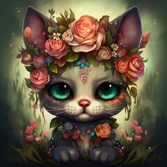 Cat With Flowers Crown With Green Background