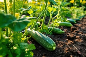 On a warm day, young zucchini grow on a vegetable patch. A garden with fruits and vegetation. components for vegetarian food. additive-free healthy meals - Powered by Adobe