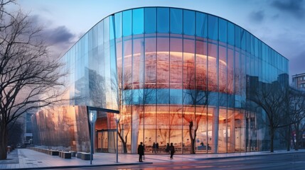 A glass structure houses the World Health Organization. A contemporary fa�ade reflected the sky and the city. An example of WHO emergency pandemic viral help, identification, and prevention