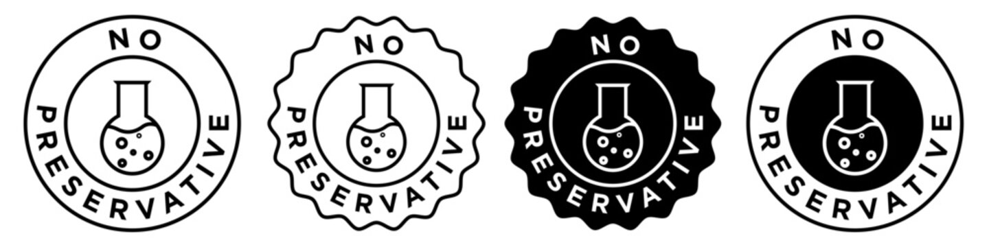 No preservative icon set collection. Vector sign of free synthetic conservant eating food badge symbol. Zero added chemical safe natural organic package product seal emblem stamp. 