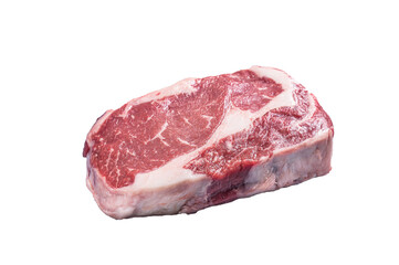 Raw Rib Eye Steak, beef marbled meat on butcher board.  High quality Isolate, transparent background