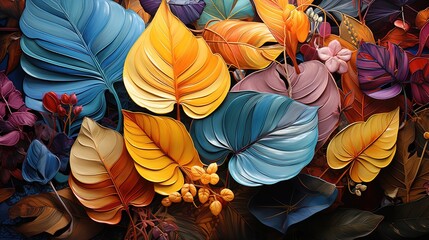 Vivid Foliage Symphony A Harmonious Ensemble of Multicolor Leaves in the Tropical Paradise, Dancing with Radiant Energy