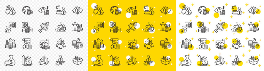 Accounting coins, Budget Investment, Trade Strategy icons. Finance line icons. Finance management, Budget gain and Business asset. Money economy, Loan in dollars and Treasure map. Vector