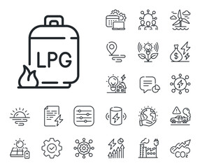 LPG fuel container sign. Energy, Co2 exhaust and solar panel outline icons. Gas cylinder line icon. Liquefied petroleum gas bottle symbol. Gas cylinder line sign. Vector
