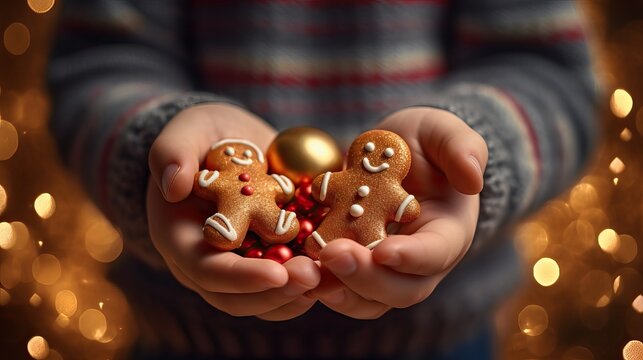 Hands of joyful child holding a gingerbread men in palms at Christmas time. Tradition of Happy Christmas. Joyful celebrations with festive joy and sweet treats. AI generated