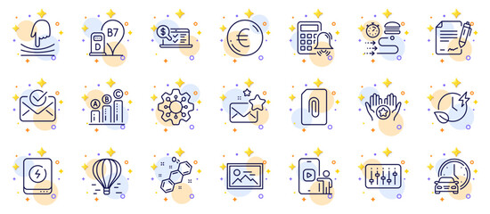Fototapeta na wymiar Outline set of Calculator alarm, Air balloon and Charging time line icons for web app. Include Execute, Food delivery, Favorite pictogram icons. Diesel station, Dj controller. Vector