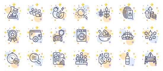 Fototapeta na wymiar Outline set of Inflation, Teamwork and Quality line icons for web app. Include Skin condition, Salad, Chemistry lab pictogram icons. Wallet, 5g internet, Gluten free signs. Brandy bottle. Vector