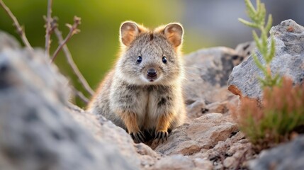 Endearing quokka rat hops among the rocky terrain, its friendly demeanor and sweet smile enchanting all who cross its path. Generative AI
